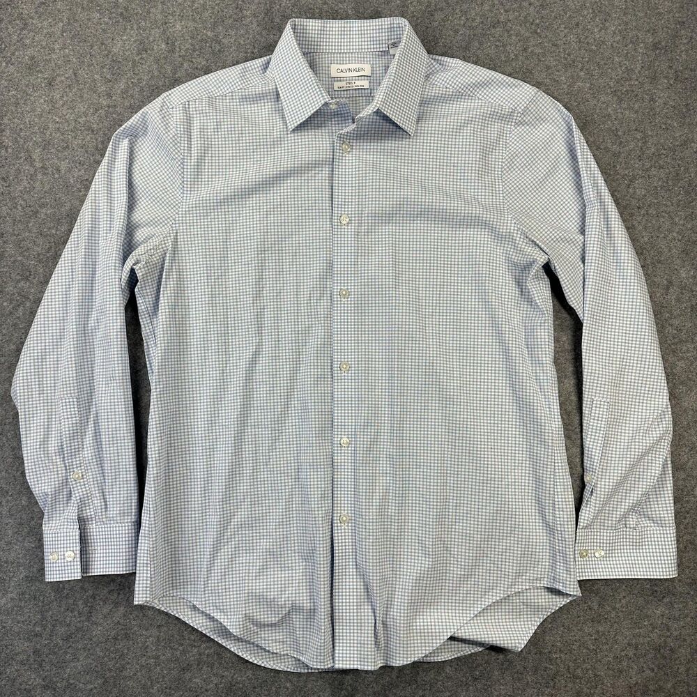 Calvin Klein Dress Shirt Mens 16 32/33 Blue Gingham Steel+ Slim Fit Non Iron